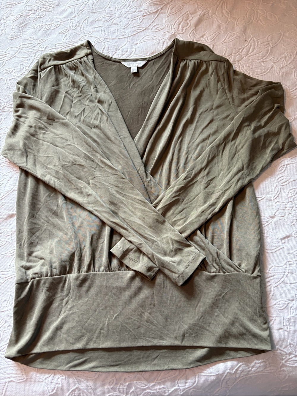 Lucky Brand Olive Green Wrap-Front Long Sleeve Top large